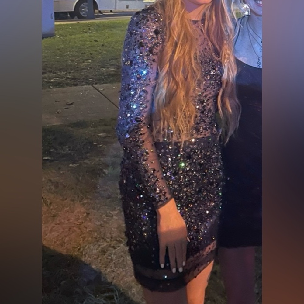 Navy blue sequin mesh homecoming dress, size 2